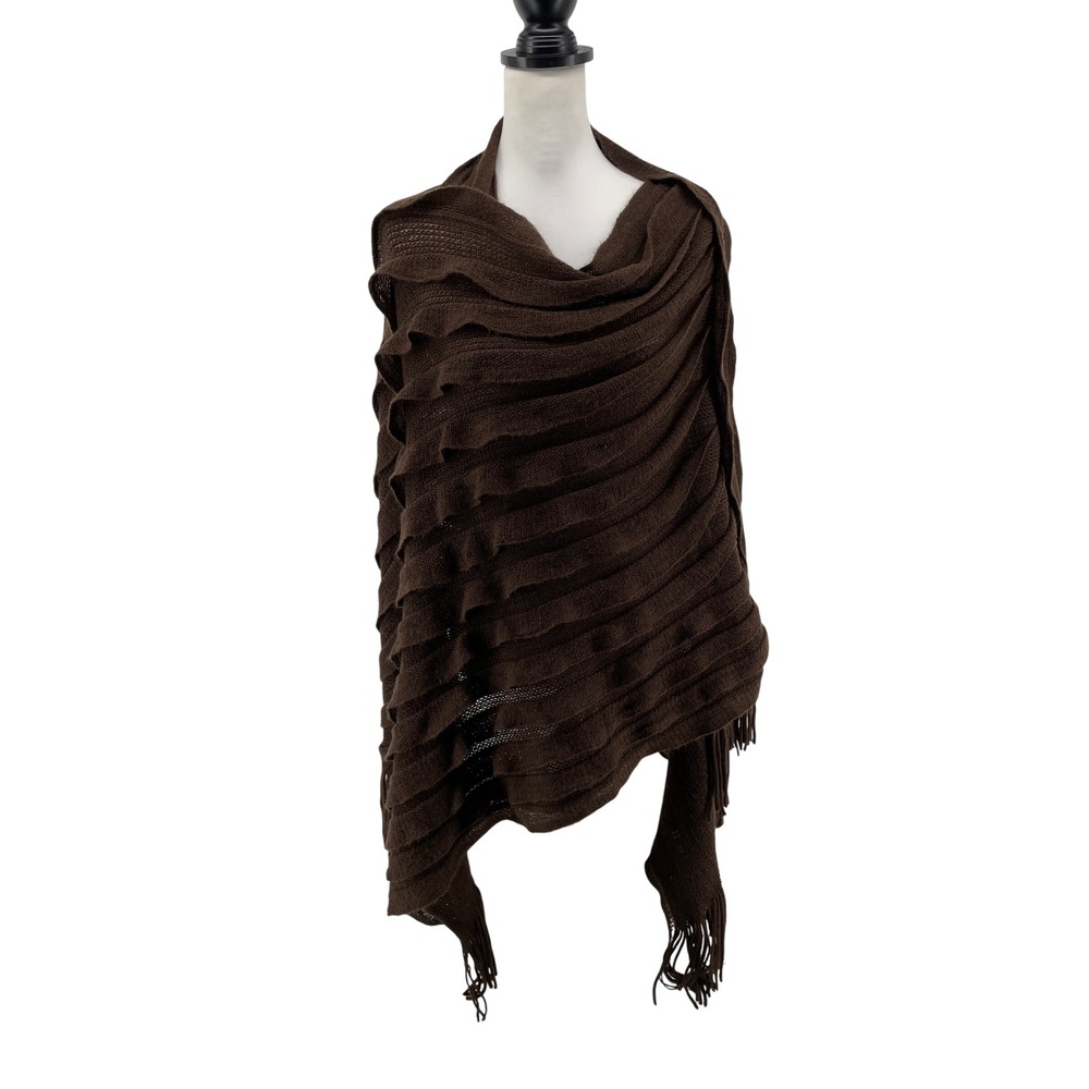 Poncho Shawl Women OS Chocolate Brown Fringe Western Boho Cottagecore Textured